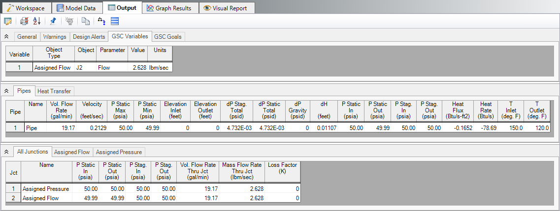 The GSC Variables, Pipes, and All Junctions tabs of the Output window.